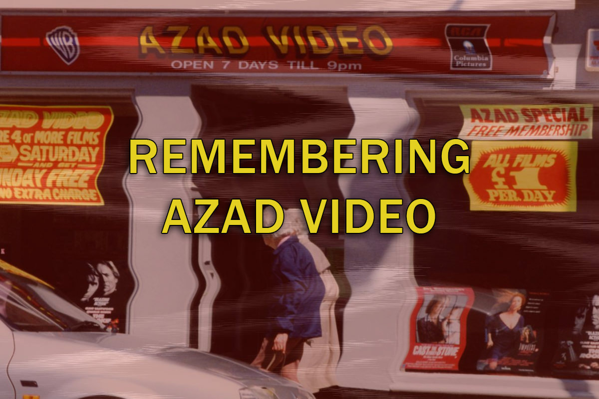 Remembering Azad Video - a stylised photograph depicting an Azad video store with VHS style distortion