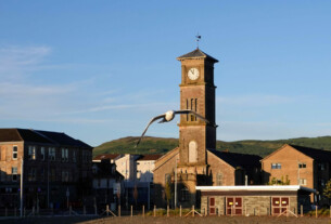 A seagull flying toward the camera with Helensburgh's clock tower in the background