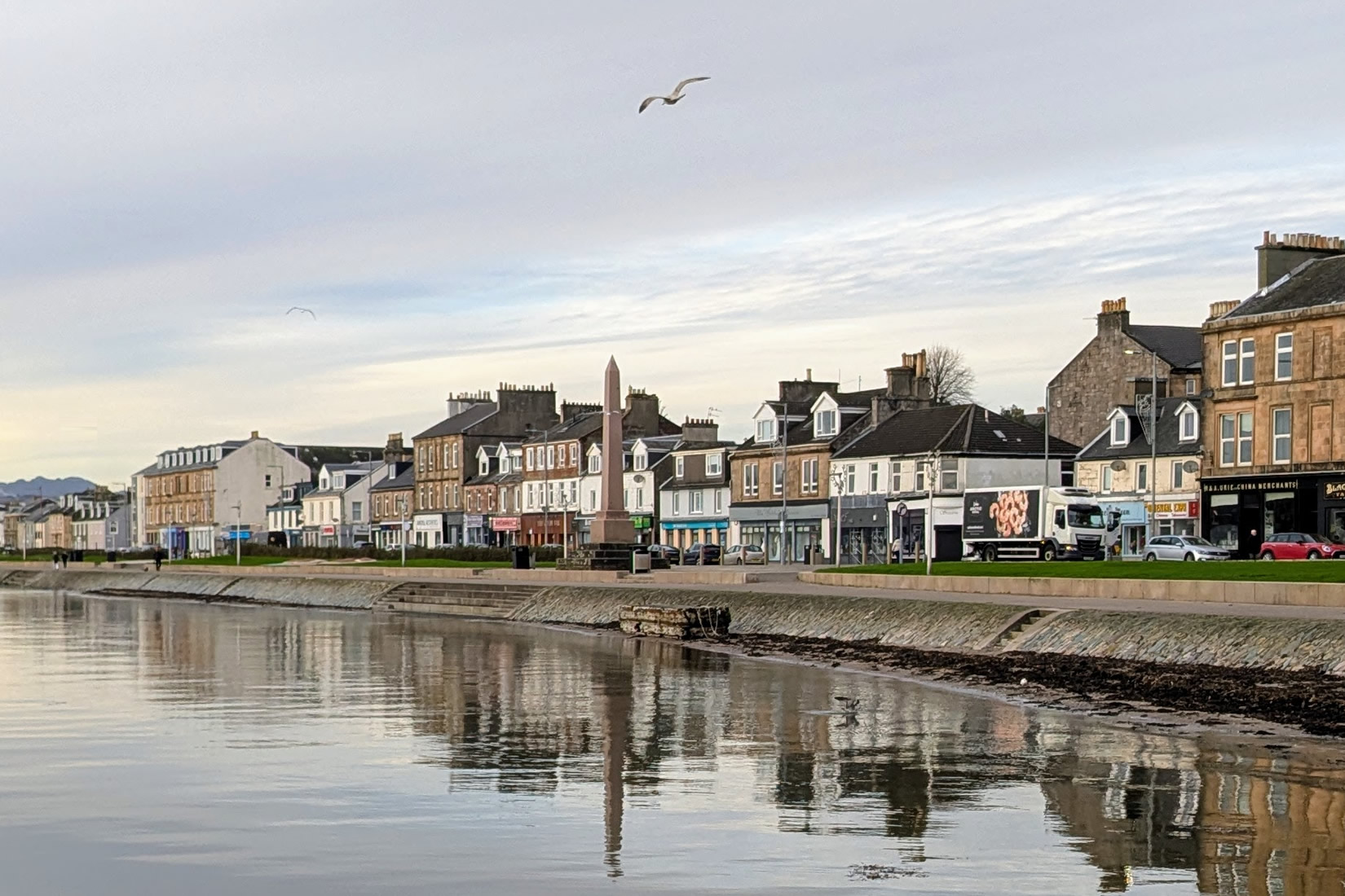 A seagull pictured swooping above the Henry Bell Monument on Helensburgh's riverside